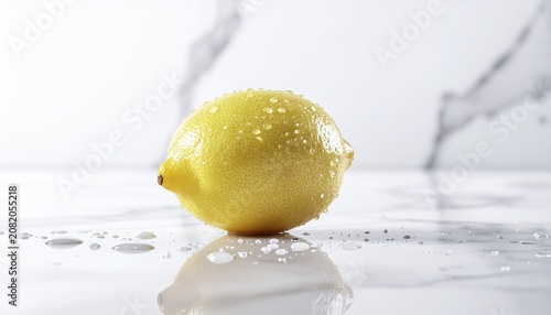 Fresh Yellow Lemon with Water Droplets on White Marble