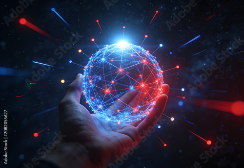Grasping the Future: A hand holds a glowing digital sphere, representing global connectivity, data, and technological advancement, set against a backdrop of digital streaks and light.