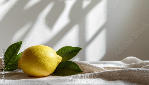 Fresh Lemon with Green Leaves on Linen Cloth