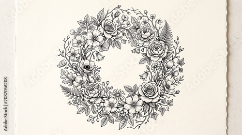 Intricate Floral Wreath Illustration Featuring Hand Drawn Botanical Elements and Roses on Textured Paper Background