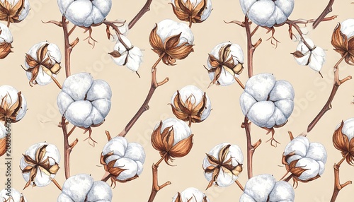 A seamless pattern of cotton flowers on brown stems with beige background