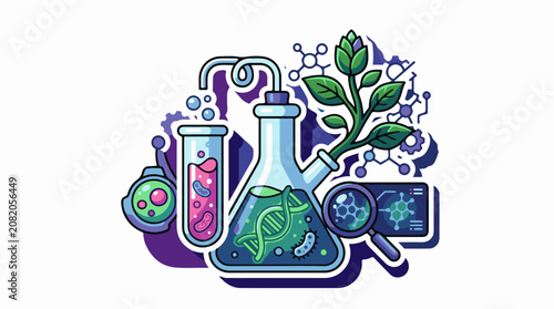 A colorful illustration of laboratory equipment with a plant growing out of it