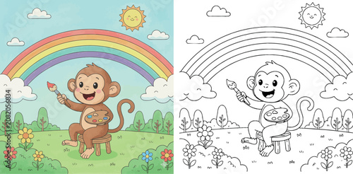 Photography Adorable Cartoon Monkey Painting a Rainbow in a Sunny Field