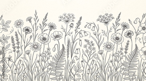 Elegant Hand-Drawn Botanical Seamless Border Showcasing a Diverse Collection of Delicate Wildflowers, Grasses, and Foliage, Perfect for Vintage-Inspired Natural Designs and Creative Projects
