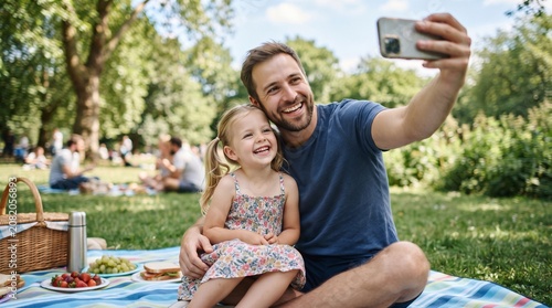 Father and Daughter Taking a Selfie During a Sunny Park Picnic