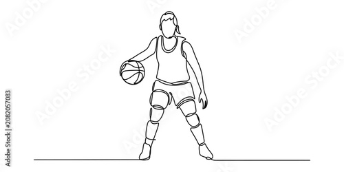 Foto Continuous line drawing of a female basketball player dribbling a ball