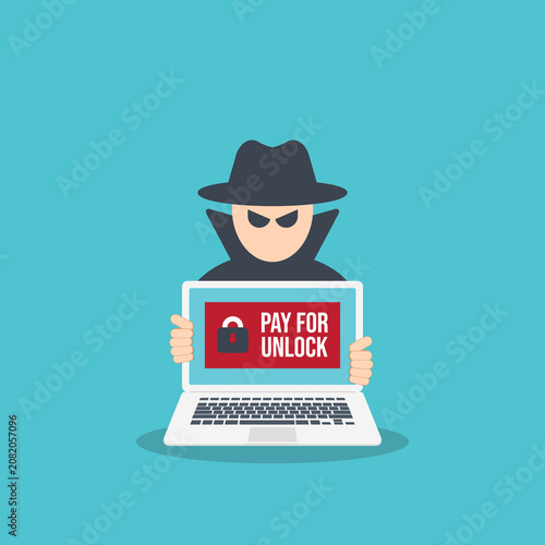 Ransomware Attack Payment Demand Hacker Holding Infected Laptop