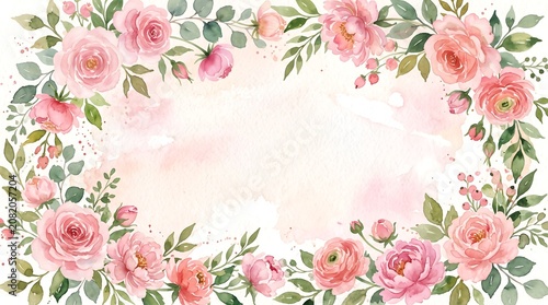 Elegant watercolor pink roses and green leaves frame for wedding invitation or greeting card design background