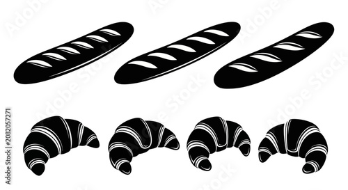 Minimalist bakery icons set, black silhouette French baguette bread and butter croissants, 7 vector elements for cafe menu design