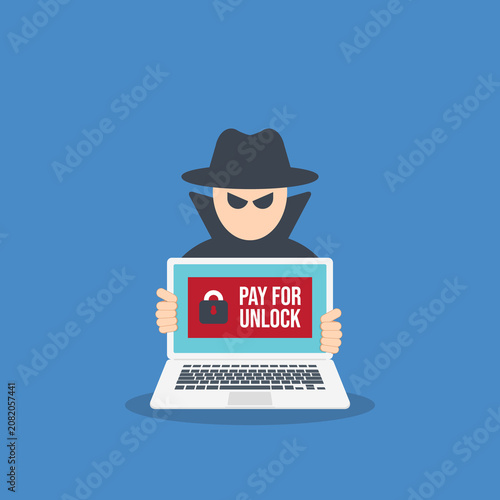 Ransomware Attack Payment Demand Hacker Holding Infected Laptop