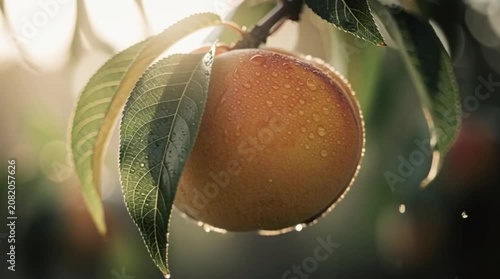Ripe Peach with Dew Drops and Golden Backlighting on Branch, Symbolizing Freshness and Natural Harvest