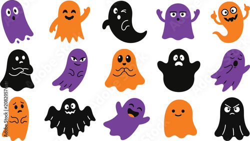 Cute Cartoon Ghosts with Different Emotions and Expressions in Flat Design Style