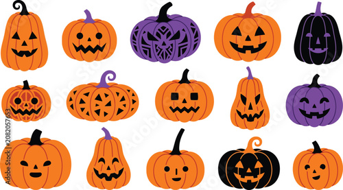 Collection of cartoon jack-o-lanterns with different faces