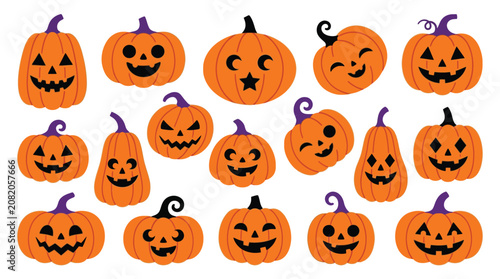 Halloween pumpkins with different faces on white background