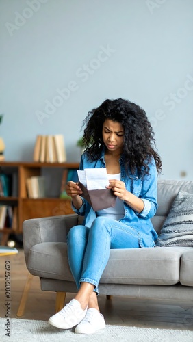 Woman looking at papers on couch