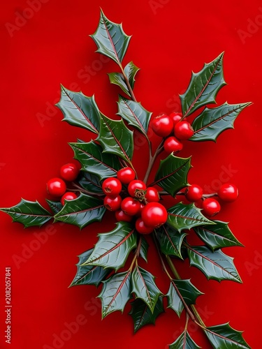 Festive Holly and Berries on Red Velvet Background, mistletoe, holiday