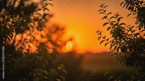 Vibrant Golden Hour Sunlight Peeking Through Lush Green Foliage with Bokeh Effect in a Serene Landscape