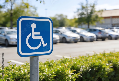 Accessible Parking Sign: A blue and white accessible parking sign stands prominently in a parking lot, indicating a designated space for individuals with disabilities.