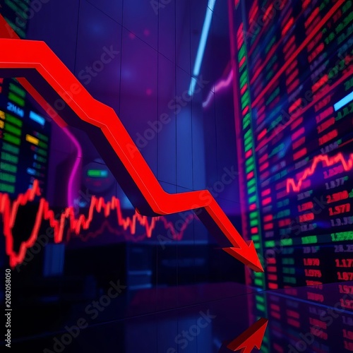 Declining stock market with red arrow pointing down, investment loss, market crash
