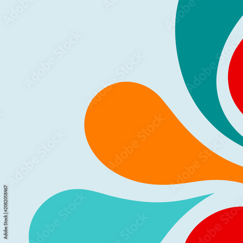 Vibrant abstract shapes in teal, orange, and red on light blue background, modern design elements and colorful swirling patterns