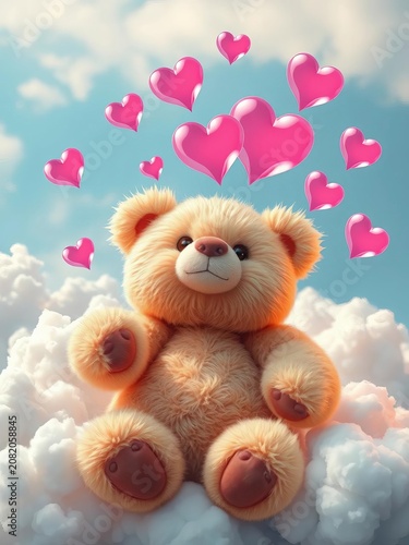 Furry bear surrounded by fluffy clouds and heart-shaped bubbles floating gently away, whimsical, bear