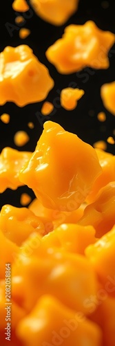 Melted cheddar cheese curds hovering above blackness, food, hover