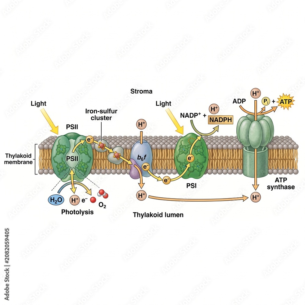 Fototapeta premium Biological Process of Light Dependent Reactions within the Thylakoid Membrane of Chloroplasts