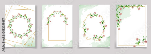 Foto Set of watercolor floral frames with delicate pink floral branches of field bindweed flowers, green foliage, luxurious gold geometric borders