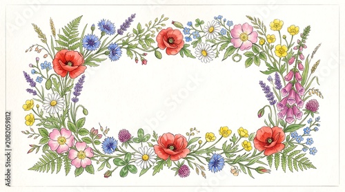 Watercolor wildflower frame with poppy, daisy, and lavender