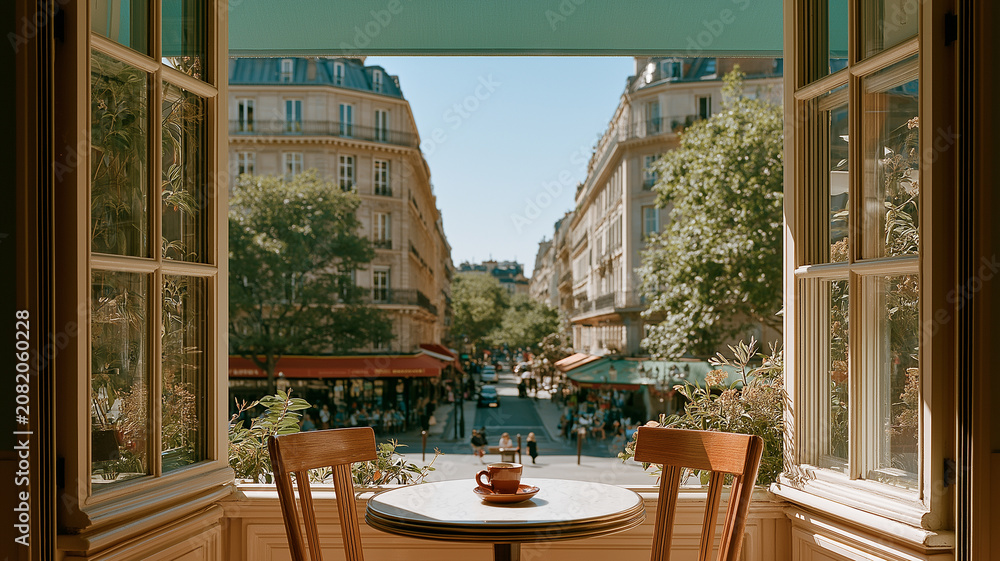 Fototapeta premium Charming Paris street view from a quaint cafe table on a sunny day Generative AI