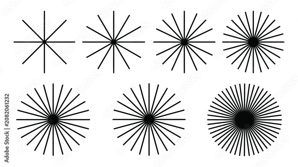 Obraz premium Set of black circular radial sunburst line elements