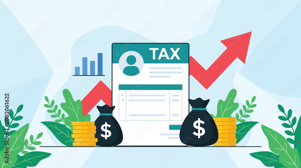 Naklejka premium Professional vector illustration of tax forms with money bags and rising growth arrows for financial reporting