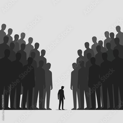 Loneliness and Social Anxiety Concept with Small Silhouette Facing Large Crowd. Minimalist Vector for Mental Health and Individuality. Copy Space.
