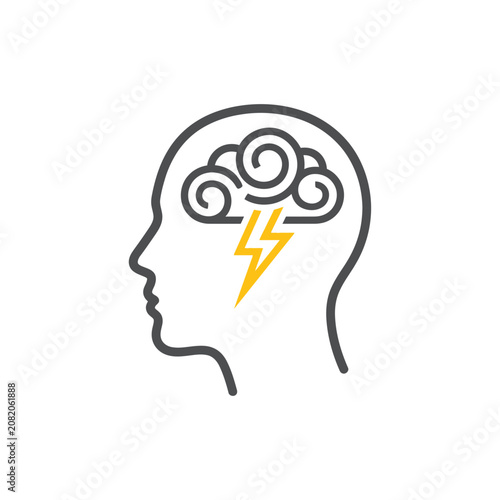 Brainstorming Concept Icon for Creative Innovation and Mental Health. Human profile silhouette with lightning and cloud symbols. Minimalist vector for psychology and business design.