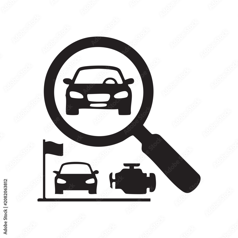 Naklejka premium Car search icon with magnifying glass and vehicle silhouettes