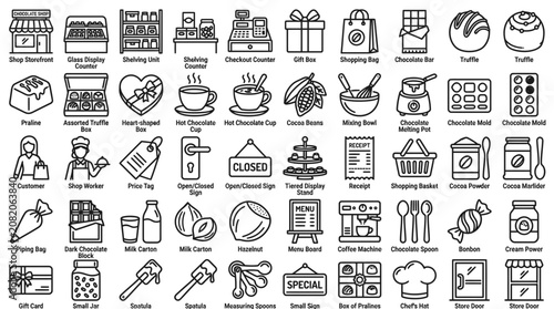 Comprehensive chocolate shop and confectionery outline icon collection