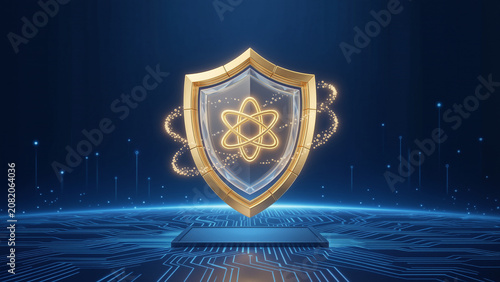 Golden shield with glowing atom symbol on a futuristic circuit board, representing quantum security and advanced technology protection