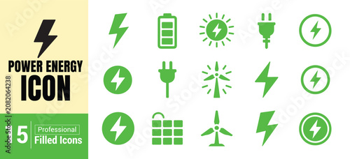 Power energy icon vector set, professional filled line icon for power and energy concepts.