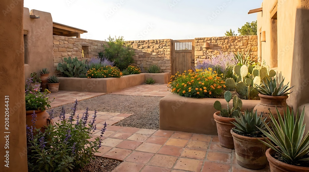 Naklejka premium Beautiful desert courtyard garden with cactus plants and terracotta walls in a sunny summer day. arizona yard