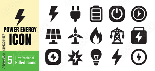 Power energy flat icons set for renewable clean electricity generation and consumption.