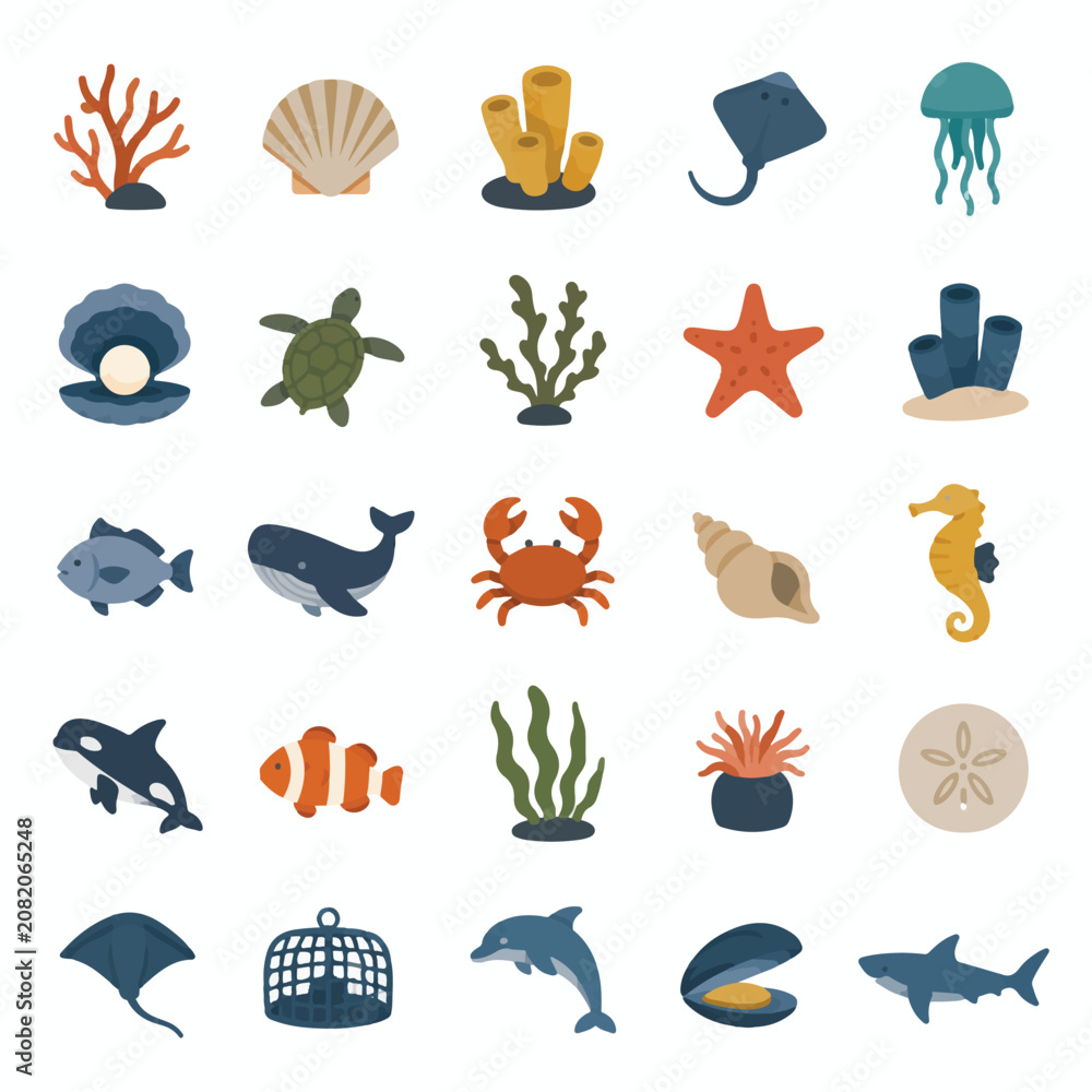 Obraz premium Minimalist marine beach summer tools icon sets logo flat design