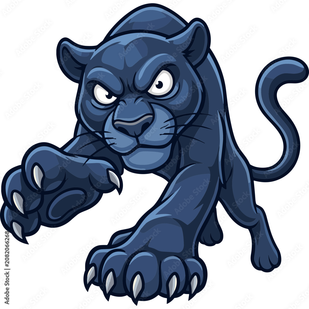 Fototapeta premium A cartoon illustration of a menacing dark blue panther with sharp claws lunging forward.
