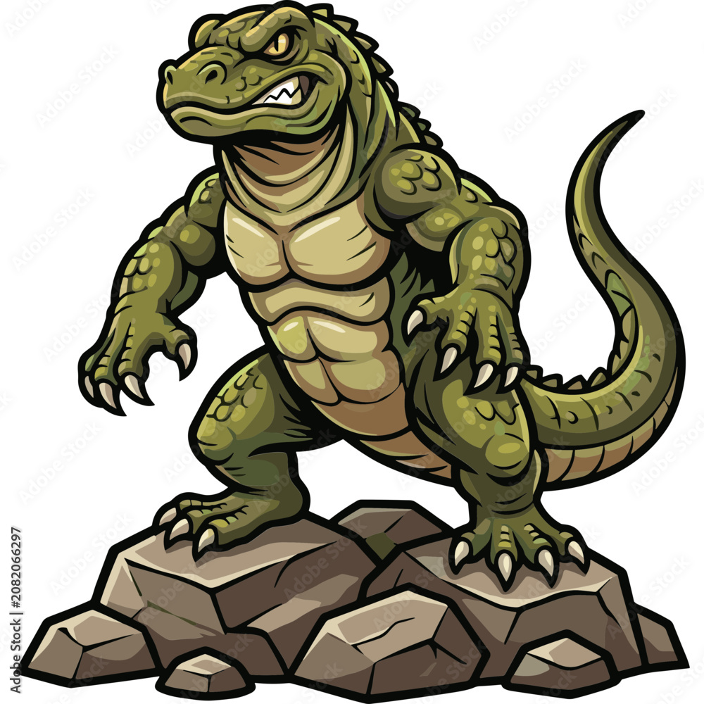 Fototapeta premium A muscular cartoon crocodile stands on rocks in a powerful stance.