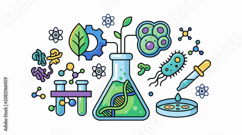 A colorful illustration of biology and chemistry symbols including a beaker with DNA and a plant growing out of it surro