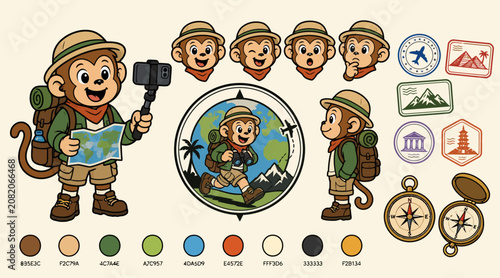 Photography Cartoon Monkey Explorer with Camera and Map.