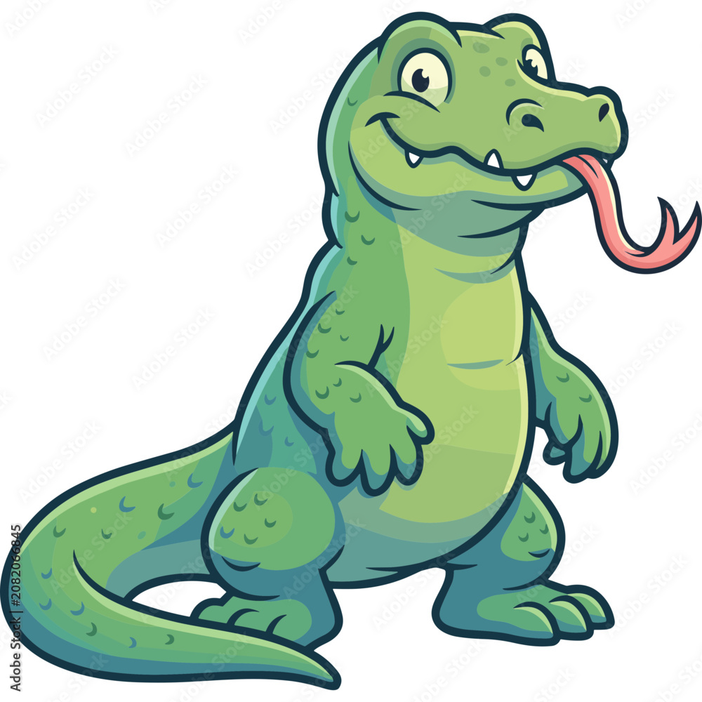 Fototapeta premium A cartoon green dinosaur with big eyes and a long tongue is standing and smiling.