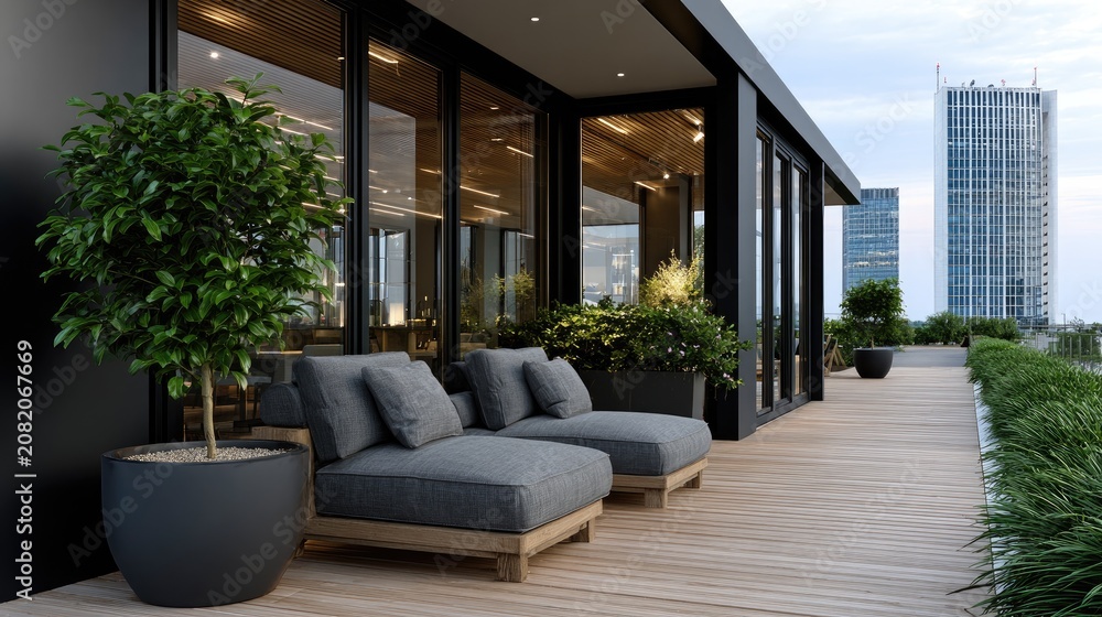 Fototapeta premium Modern coworking space features glass walls and outdoor seating with a view of the city skyline in a vibrant business district during daylight hours