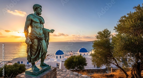Ancient Bronze Statue Overlooking White Coastal Village at Mediterranean Sunset