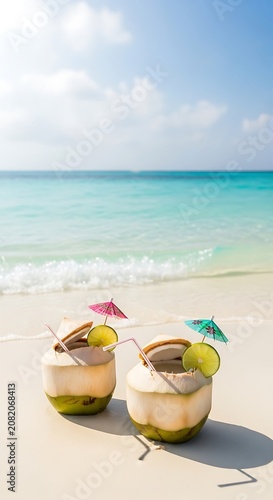 Tropical Coconut Cocktails Resting on Sunny Beach with Turquoise Ocean