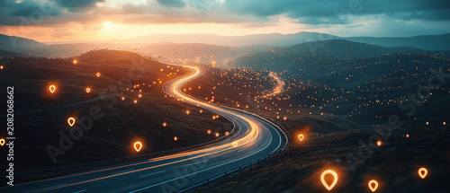 Scenic Curved Road with GPS Location Pins and Sunset Landscape